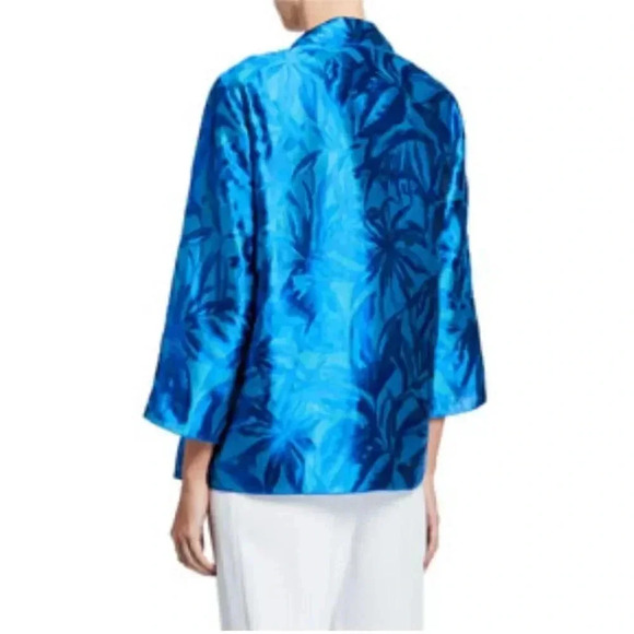 New Caroline Rose Blue Open Front Hawaiian Floral Jacquard Jacket Size XS - Picture 2 of 8